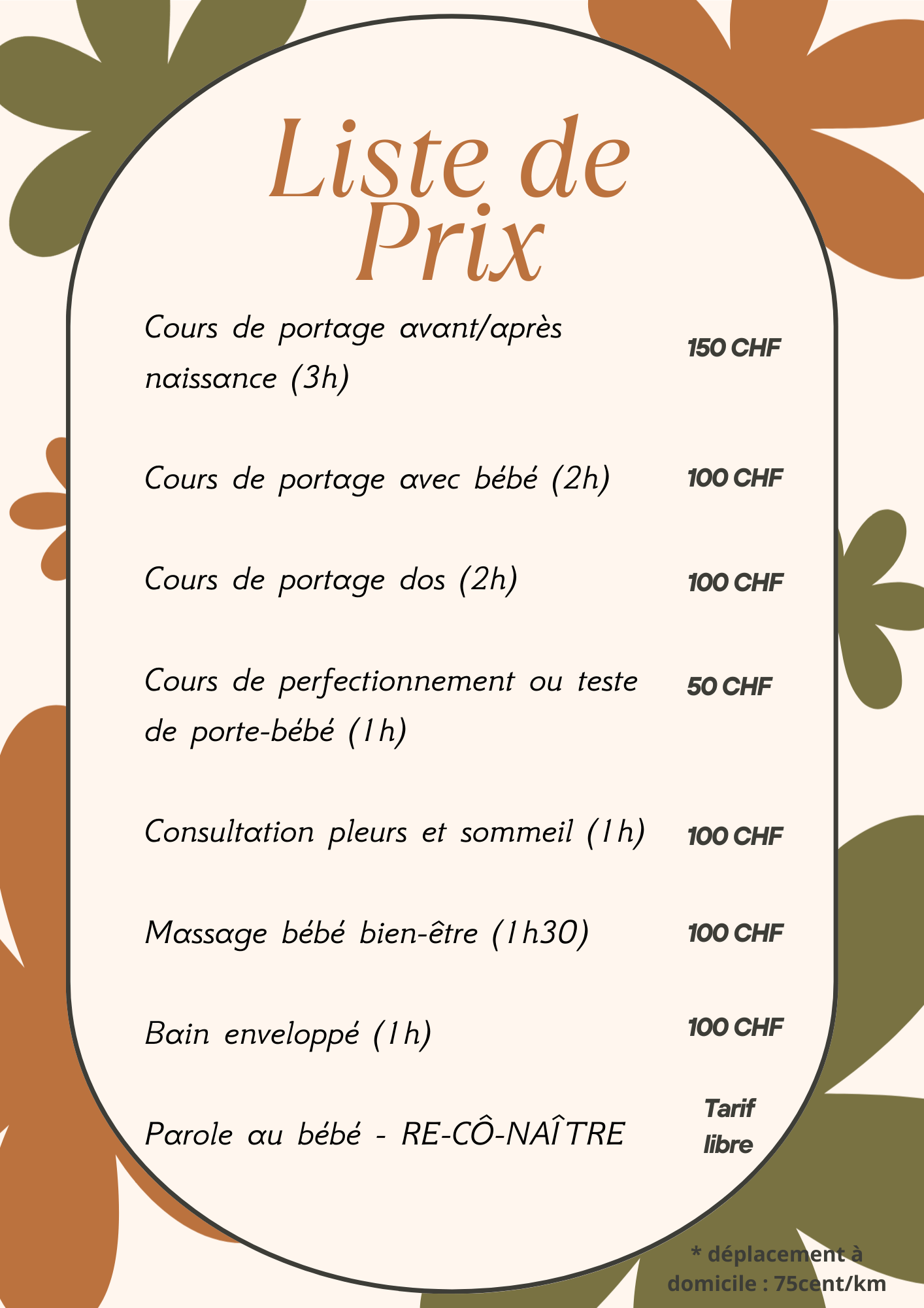 Tarifs prestations suisse